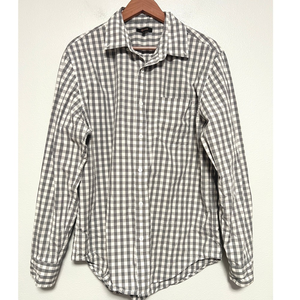 Quince L Gray White Gingham Checkered Long Sleeve Button Down Shirt Cotton